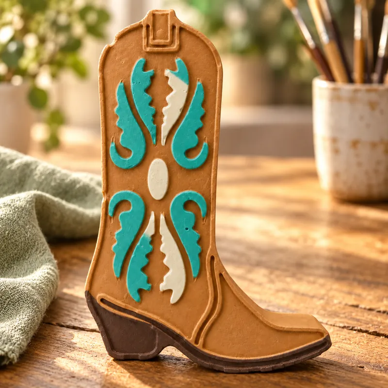 Painted Prairie Scroll Cowboy Boot plaster figure on a craft table; color inspiration only