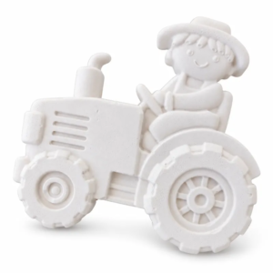 Unpainted Happy Farmer Tractor plaster figure on a white background