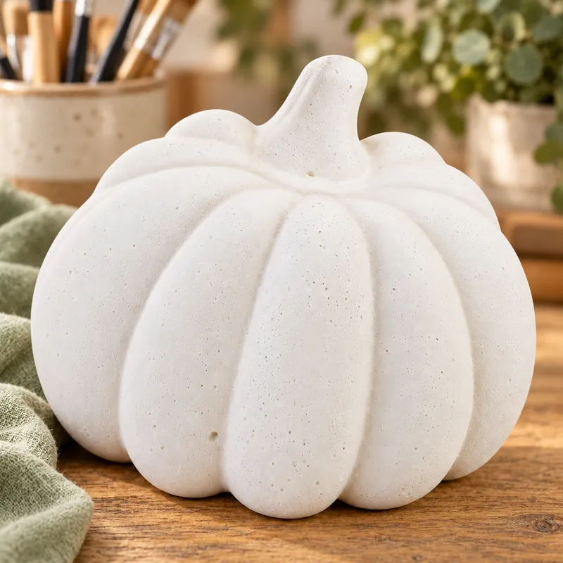 Unpainted Classic Ribbed Pumpkin plaster figure on a craft table