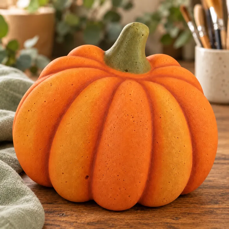 Painted Classic Ribbed Pumpkin plaster figure on a craft table; color inspiration only