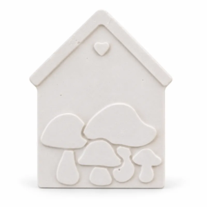 Unpainted Mushroom Cottage Plaque plaster figure on a white background