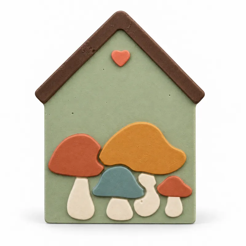 Painted Mushroom Cottage Plaque plaster figure on a white background; color inspiration only