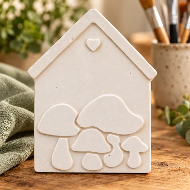 Unpainted Mushroom Cottage Plaque plaster figure on a craft table