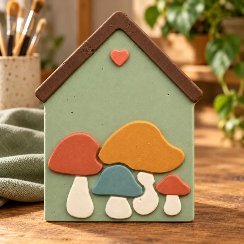 Painted Mushroom Cottage Plaque plaster figure on a craft table; color inspiration only