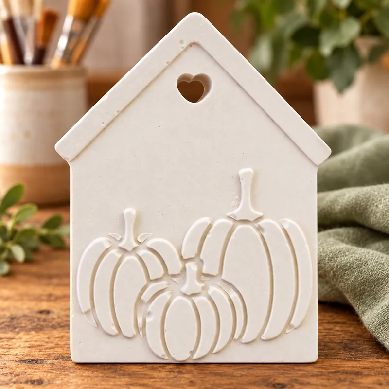 Unpainted Pumpkin Cottage Plaque plaster figure on a craft table