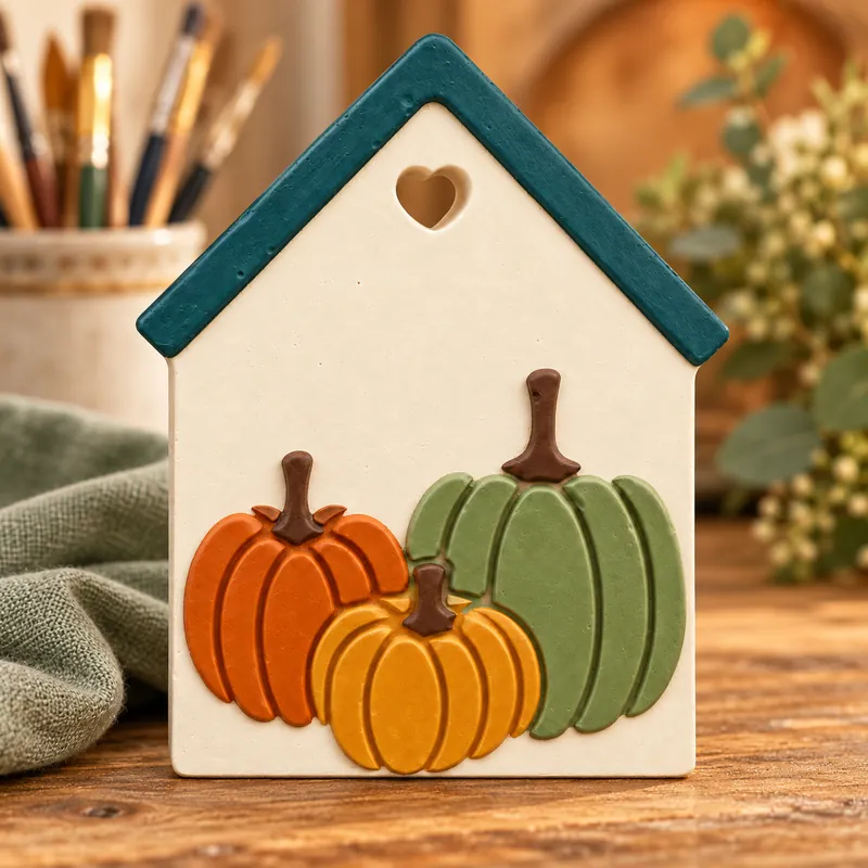 Painted Pumpkin Cottage Plaque plaster figure on a craft table; color inspiration only