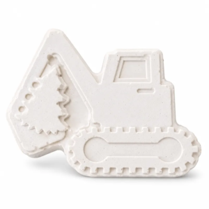 Unpainted Little Excavator plaster figure on a white background