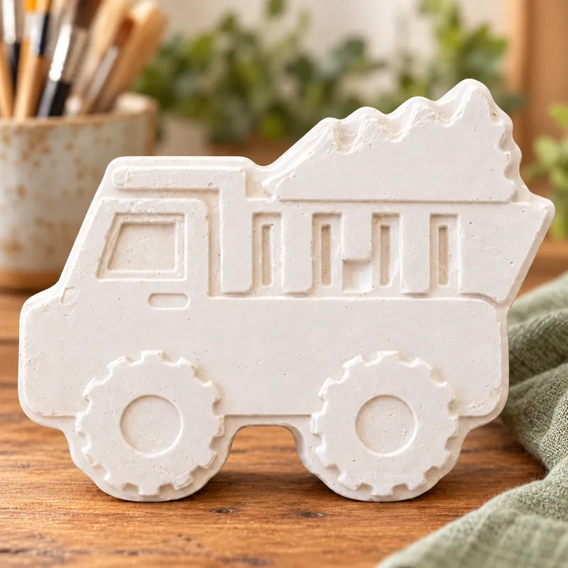 Unpainted Little Dump Truck plaster figure on a craft table