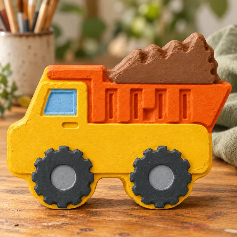 Painted Little Dump Truck plaster figure on a craft table; color inspiration only