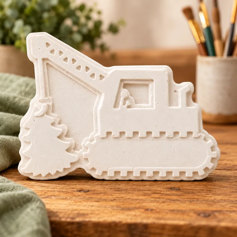 Unpainted Little Digger plaster figure on a craft table