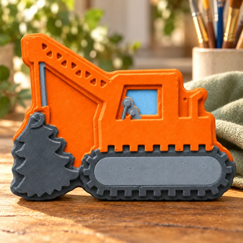 Painted Little Digger plaster figure on a craft table; color inspiration only
