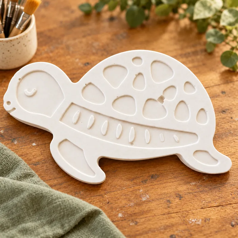 Unpainted Sunny Turtle Large plaster figure on a craft table