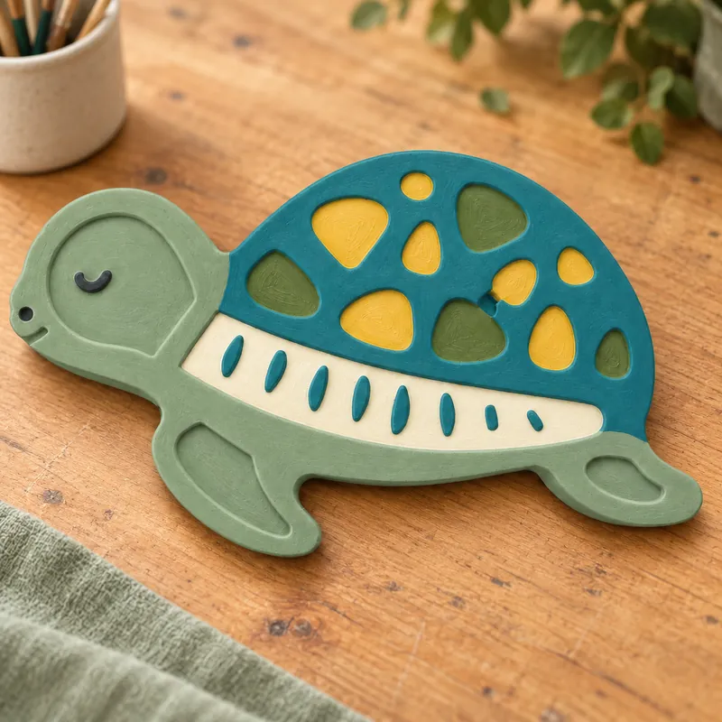 Painted Sunny Turtle Large plaster figure on a craft table; color inspiration only