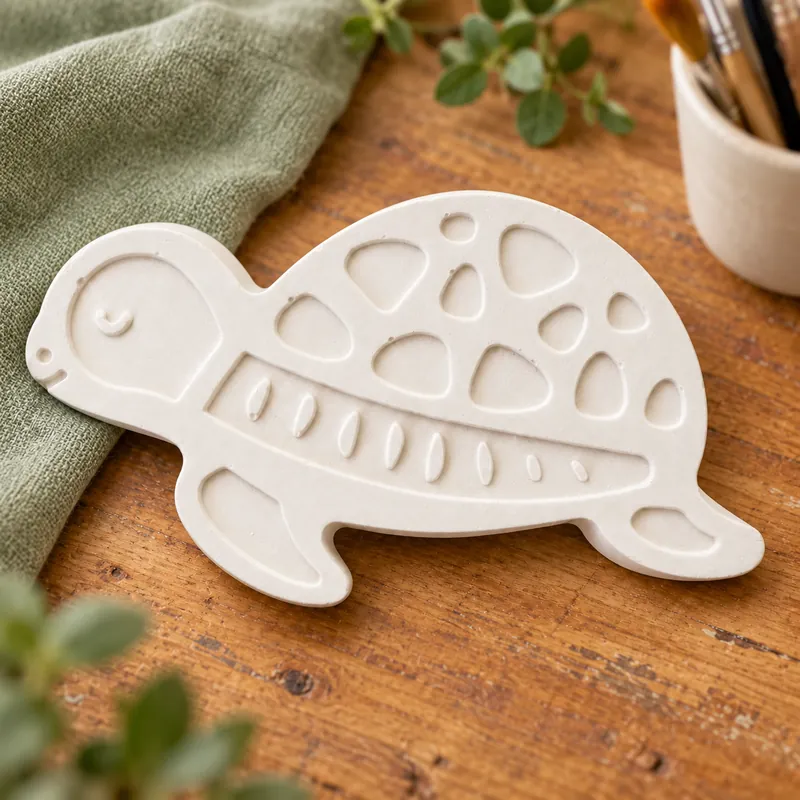 Unpainted Sunny Turtle Petite plaster figure on a craft table