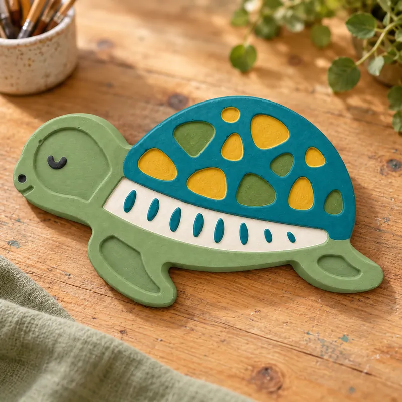 Painted Sunny Turtle Petite plaster figure on a craft table; color inspiration only