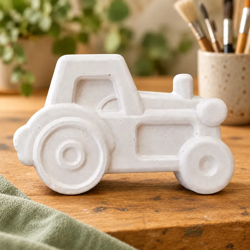 Unpainted Little Farm Tractor plaster figure on a craft table