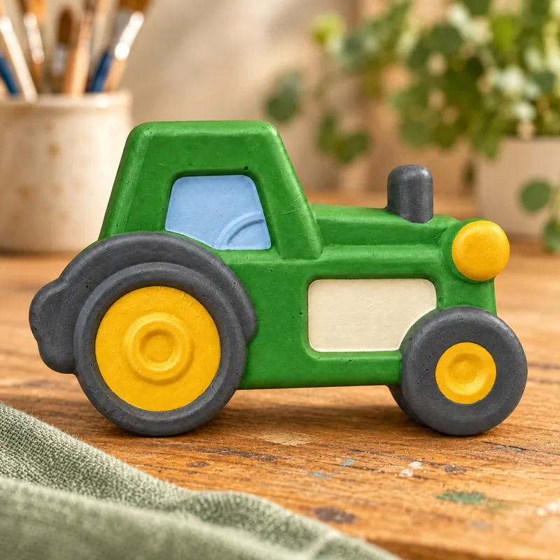 Painted Little Farm Tractor plaster figure on a craft table; color inspiration only