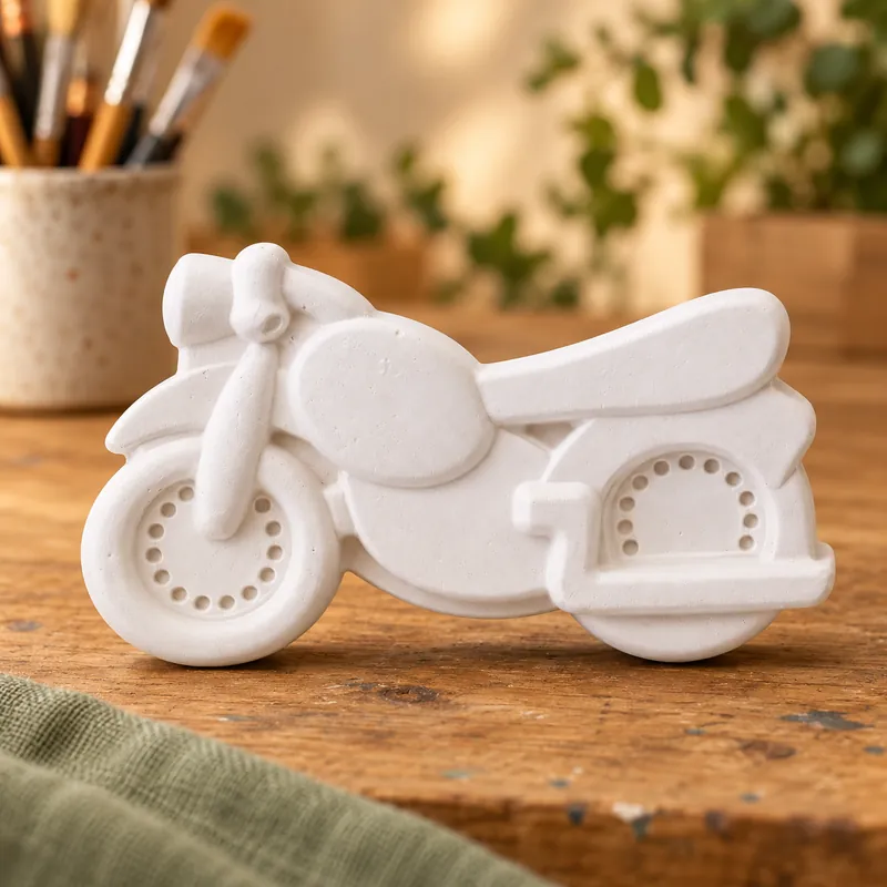 Unpainted Little Motorcycle plaster figure on a craft table