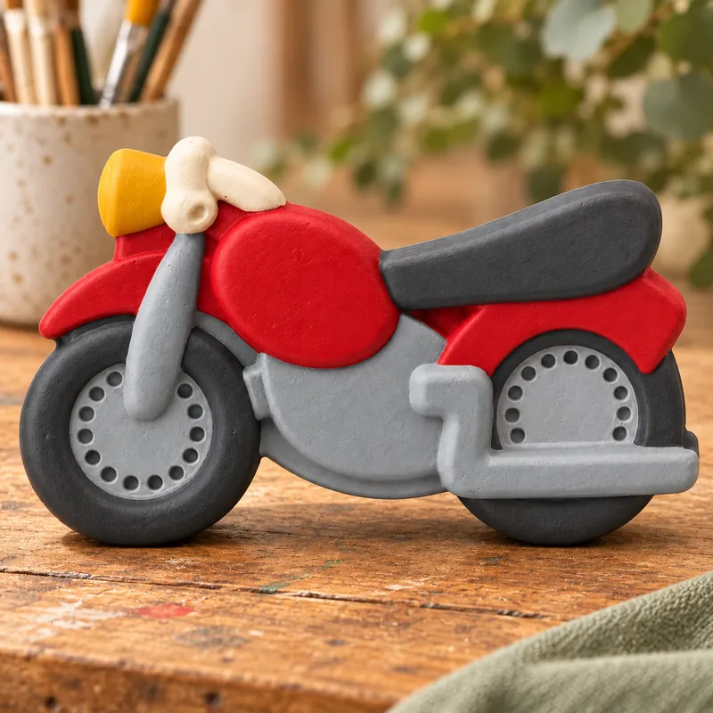 Painted Little Motorcycle plaster figure on a craft table; color inspiration only
