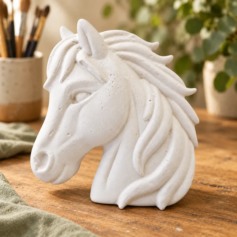 Unpainted Gentle Mane Horse plaster figure on a craft table