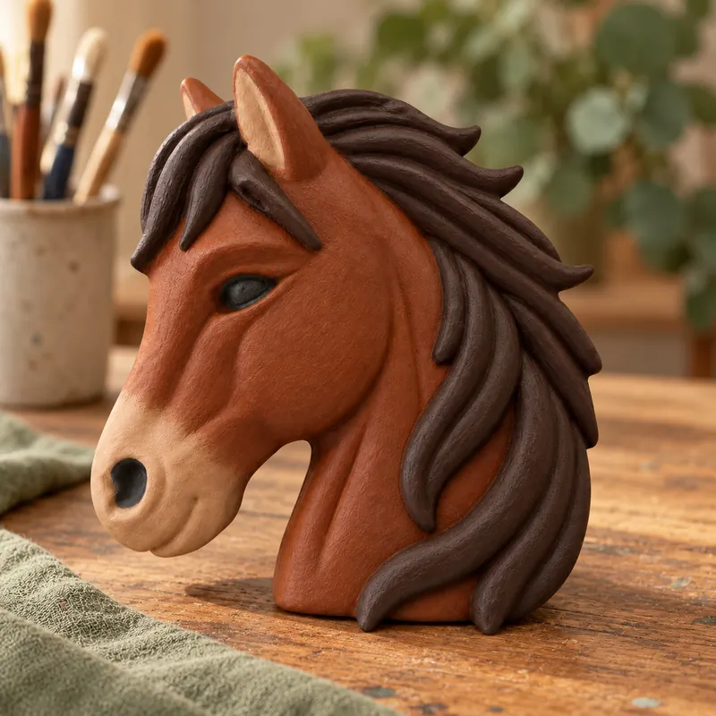 Painted Gentle Mane Horse plaster figure on a craft table; color inspiration only