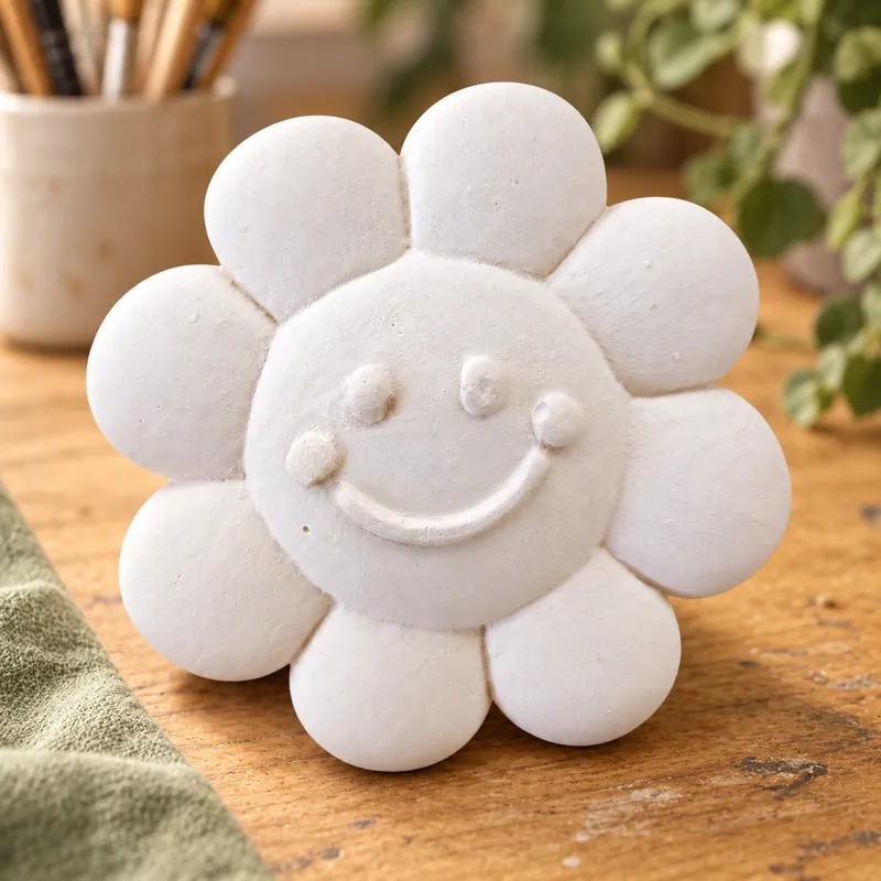 Unpainted Happy Daisy Bloom plaster figure on a craft table