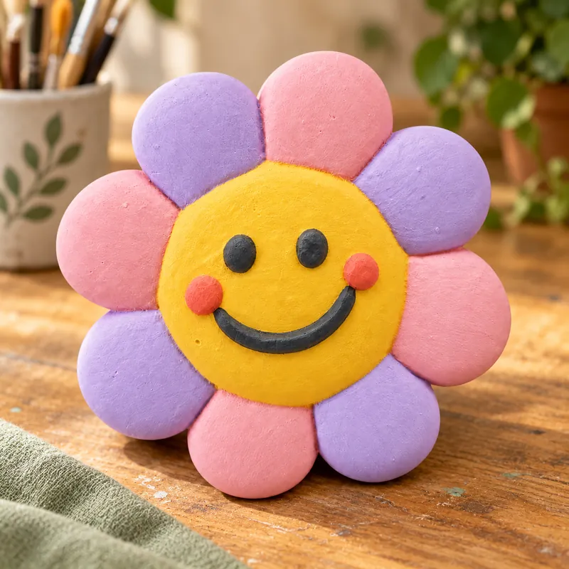 Painted Happy Daisy Bloom plaster figure on a craft table; color inspiration only