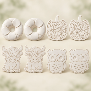 Example group assortment of unpainted plaster donuts, pumpkins, Highland cows and owls