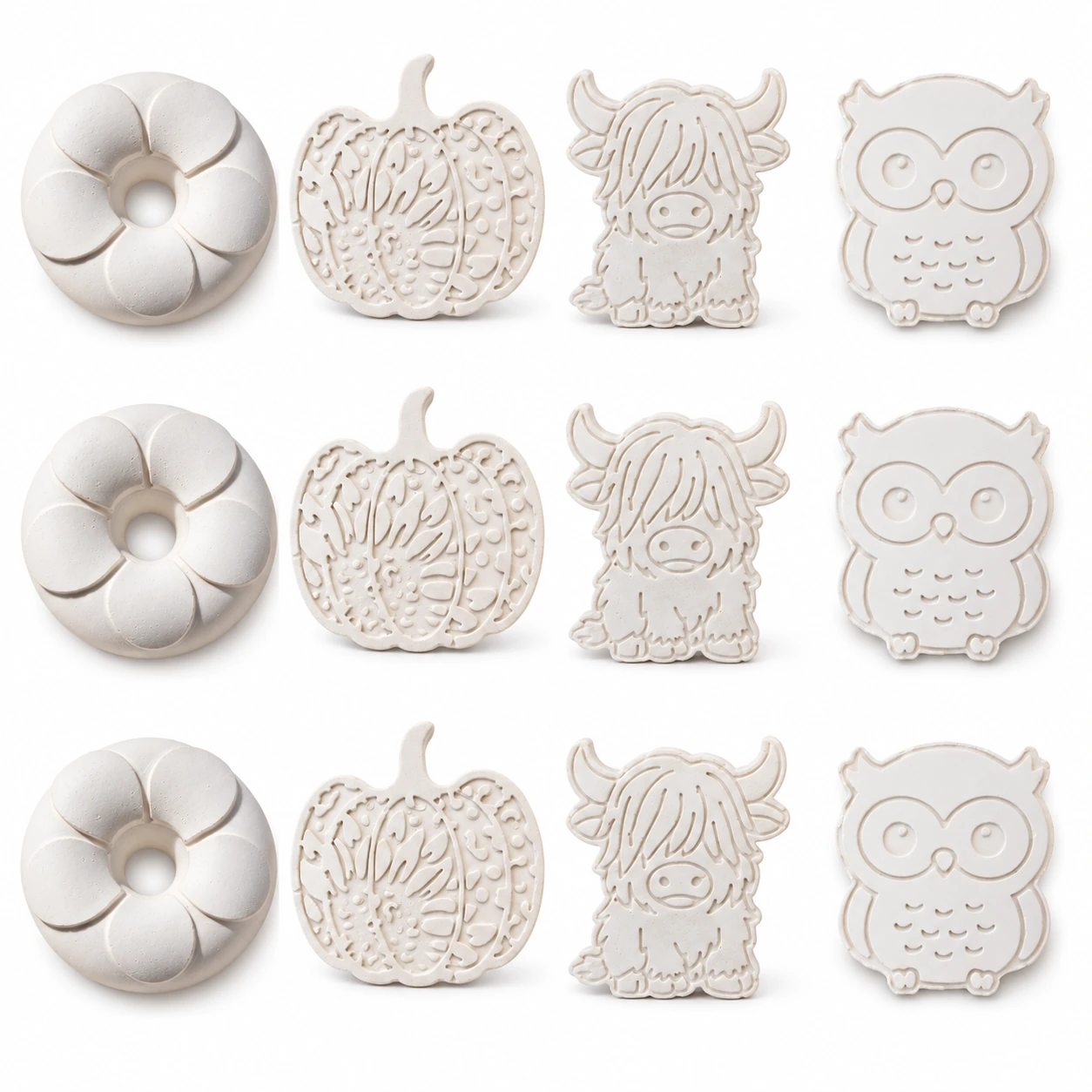 Representative 12-piece assortment of unpainted plaster donuts, pumpkins, Highland cows and owls