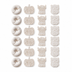 Representative 24-piece assortment of unpainted plaster donuts, pumpkins, Highland cows and owls