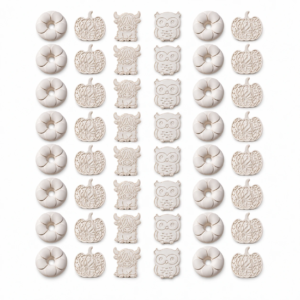 Representative 48-piece assortment of unpainted plaster donuts, pumpkins, Highland cows and owls