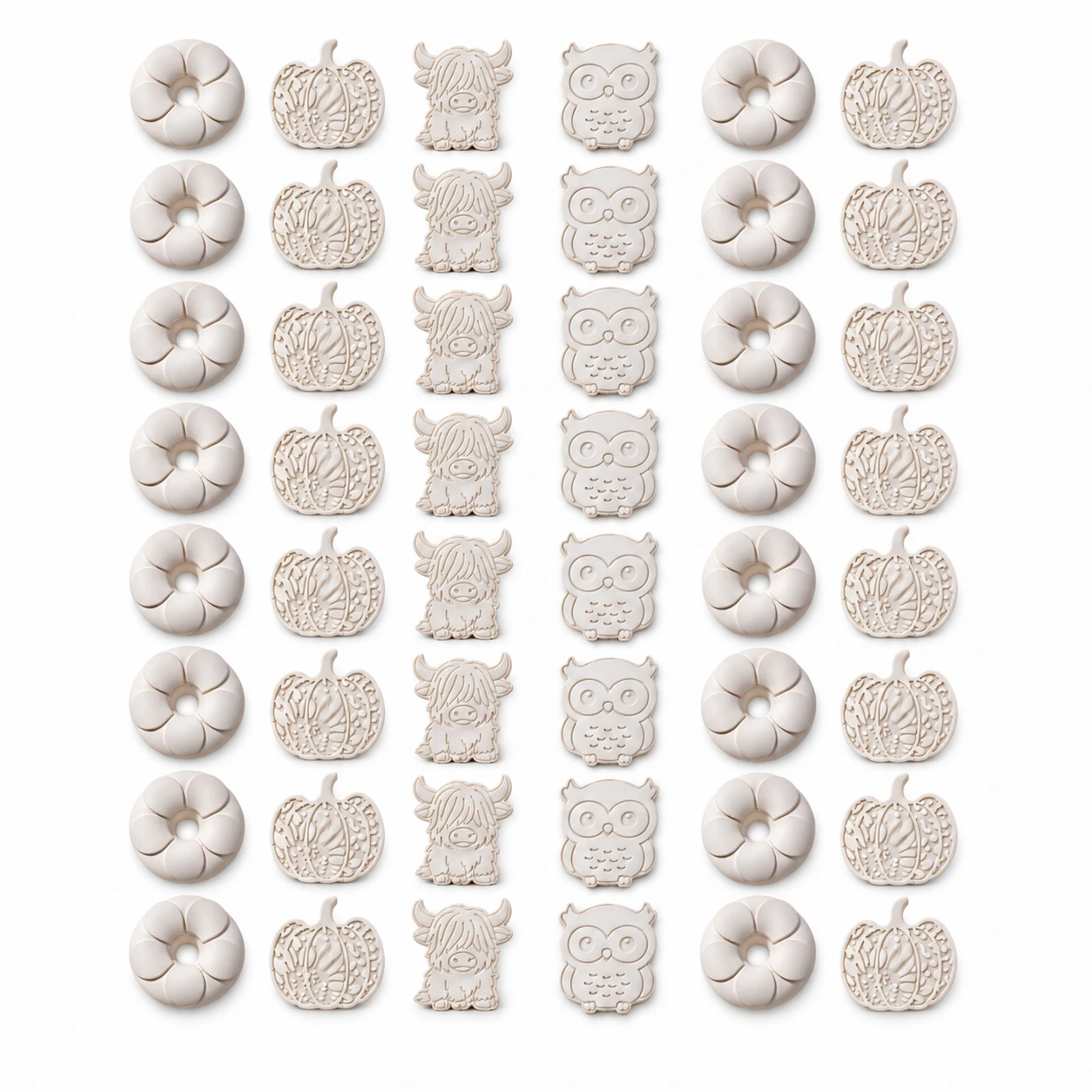 Representative 48-piece assortment of unpainted plaster donuts, pumpkins, Highland cows and owls